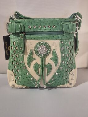 Cowgirl Trendy Green & Cream Embellished Crossbody Purse New With Tags
